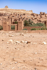 View from the dry riverbedof of famous clay city Ait Benhaddou, Morocco. Vertically. 