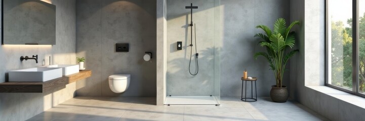 Sleek minimalist shower, concrete walls, frameless glass, bathroom, chrome, flooring