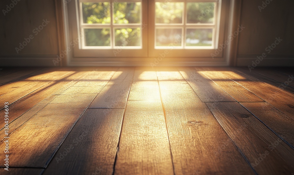 Poster rustic wooden floor illuminated by soft golden sunlight streaming through an open window, creating a