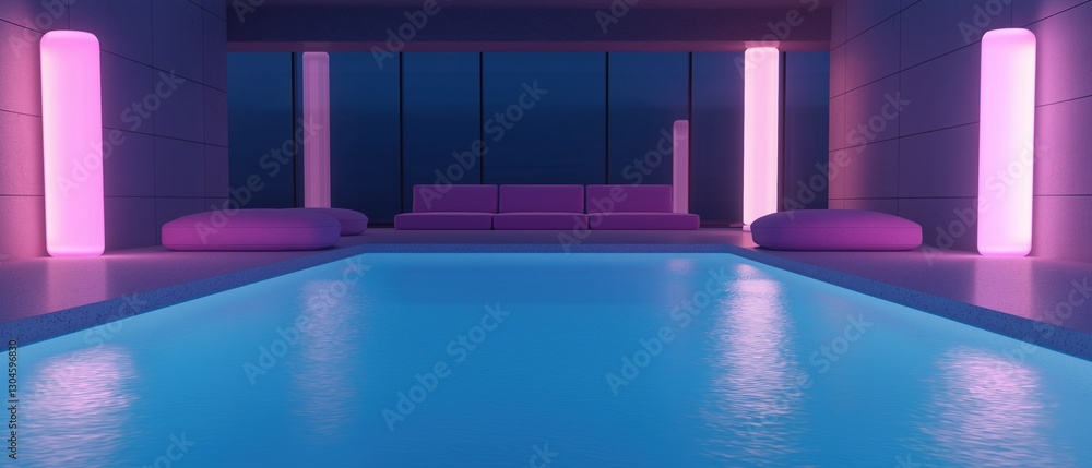 Poster indoor swimming pool with a modern and minimalist design. the pool is rectangular in shape and has a