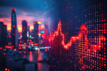 Red Stock Chart Over Blurry Cityscape Background