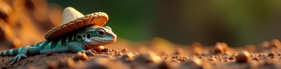 Small lizard napping under a miniature sombrero , hat, sleep