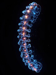 Futuristic glowing human spine illustration with blue and orange highlights, digital art concept, medical and technological innovation, spine health awareness, innovation concept