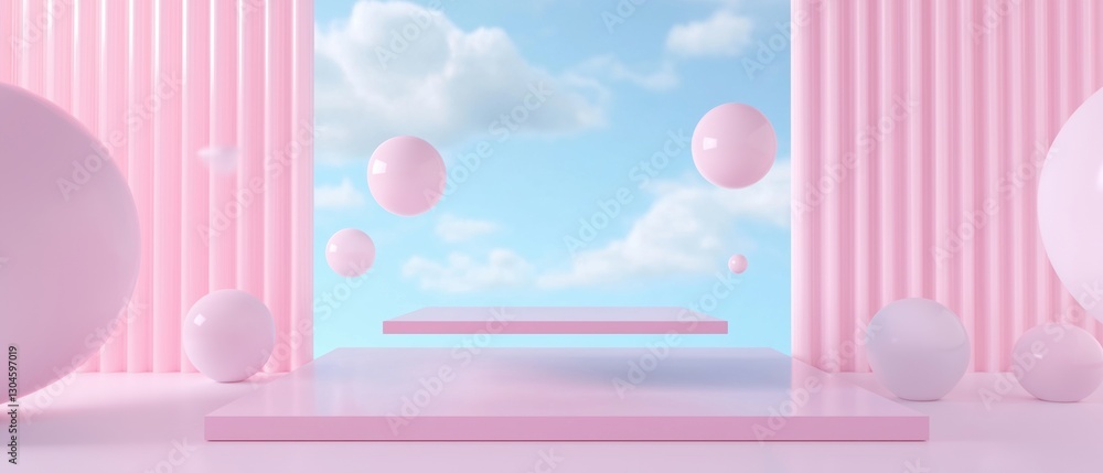 Poster 3d rendering of a stage with a blue sky and white clouds in the background. the stage is set up in f