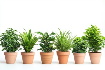 Fototapeta premium Diverse collection of vibrant houseplants in terracotta pots against a bright white background showcasing indoor nature and botanical beauty