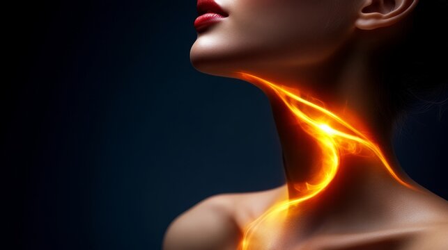 A facial profile displaying the trigeminal nerve pathways illuminated in yellow, a painful area highlighted in red near the jawline, and an informative caption detailing nerve block techniques