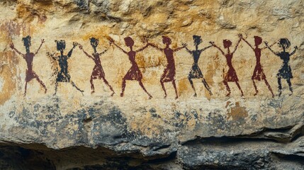 Ancient Cave Art Depicting Primitive Human Figures in Motion