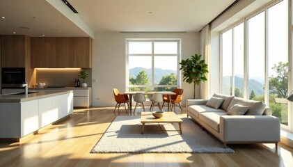 Spacious open-plan apartment bathed in sunlight, design, urban dwelling