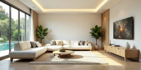 Fototapeta premium Spacious living room, cream carpet, sleek seating, clean lines, interior styling
