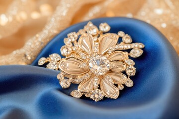 Fototapeta premium Delicate Jewelry Cleaning Concept Featuring a Gorgeous Floral Brooch on Elegant Satin Fabric