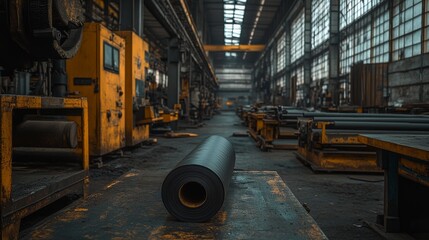 A workbench showcases a roll of roofing felt, surrounded by tools and blueprints for context