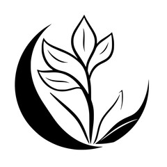 Minimalist black and white image of a plant stem with four leaves, and a half-moon shape embracing the plant.