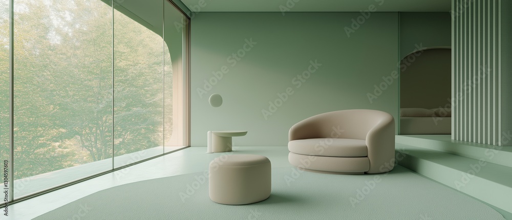 Poster modern living room with a large window on the left side. the window has a view of trees and greenery