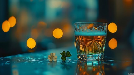 A lively Saint Patrick's Day scene featuring green beer, shamrocks, and festive lights on the table, as a joyful group of friends celebrates in the blurred background