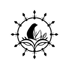 Black and White Bird Silhouette, nestled in a decorative circular frame with leaves, and surrounded by a 