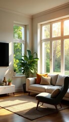 Sunlit living room, large windows, bright interior, bright, natural light, room