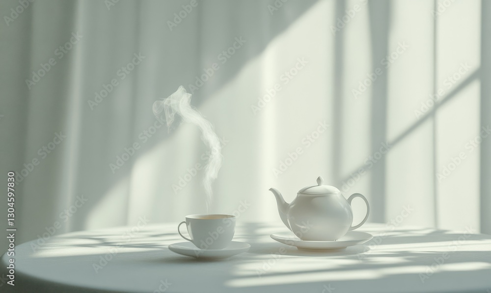Poster minimalistic tea set on a white table, with delicate steam rising from the teapot and soft shadows c