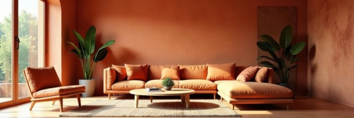 Terracotta living room, textured walls, modern furniture, blanket, texture, clay