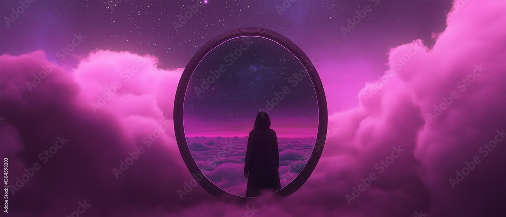 Poster digital illustration of a person standing in the middle of a vast sky filled with pink clouds. the p