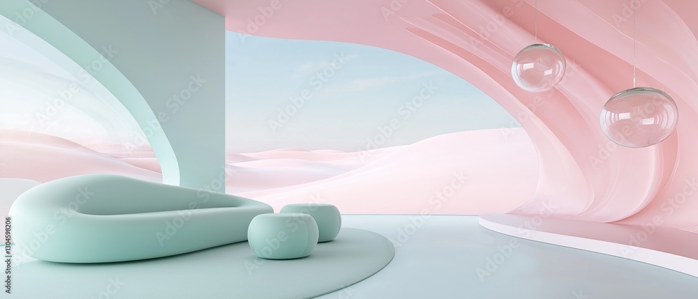 Poster 3d rendering of a modern and futuristic interior design. the room has a pink and white color scheme 