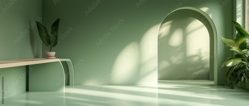 Poster empty room with green walls and floor. on the left side of the image, there is a white bench with a 