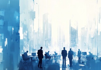 Obraz premium Silhouetted businesspeople in a modern cityscape office.