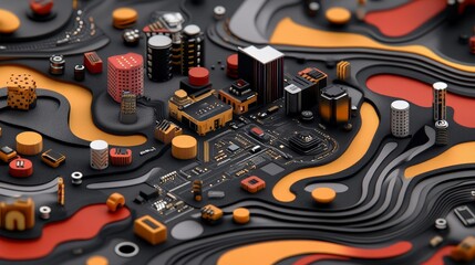 Colorful abstract cityscape with geometric shapes and patterns