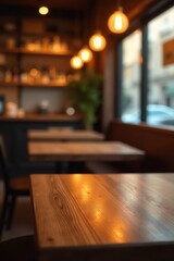 Warm-toned wood table, blurred restaurant glow, grain, lights