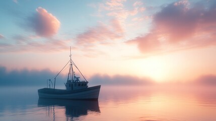 Obraz premium Serene Sunrise: A Fishing Boat at Dawn