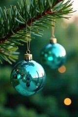 Fototapeta premium Turquoise glass ball suspended in fir tree canopy, turquoise, decoration, ornaments