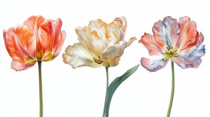 Obraz premium Floral Trio Captivating Tulips in Varied Hues Delicate Petals Artistic Botanical Display on White