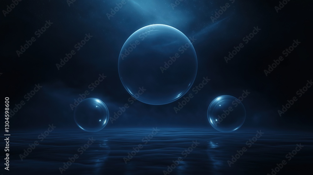 Poster three large, transparent spheres floating in the dark ocean. the spheres are of different sizes and 