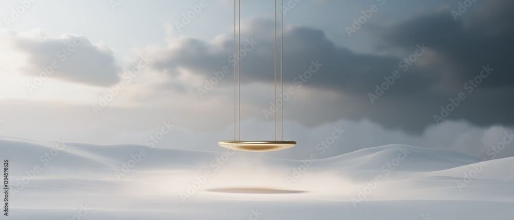 Poster golden swing hanging from strings in the middle of a vast landscape. the swing is suspended in the c