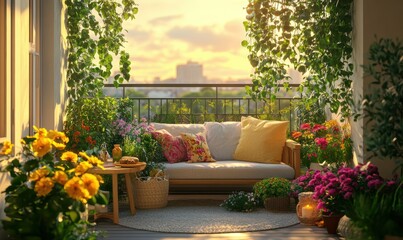 Fototapeta premium Peaceful balcony garden with lush greenery, cozy outdoor furniture, and vibrant flowers bathed in golden hour light