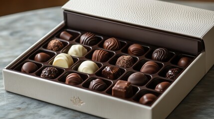 A sleek, white box, the lid adorned with a subtle embossed design, cradles a delectable display of dark chocolate treats, their rich hues hinting at the decadent pleasures hidden within.