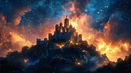 Fototapeta premium Ancient castle on a hill under a starry night sky filled with bright stars and celestial beauty