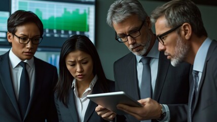 Focused Business Team in Formal Attire Analyzing Data in Office with Digital Charts