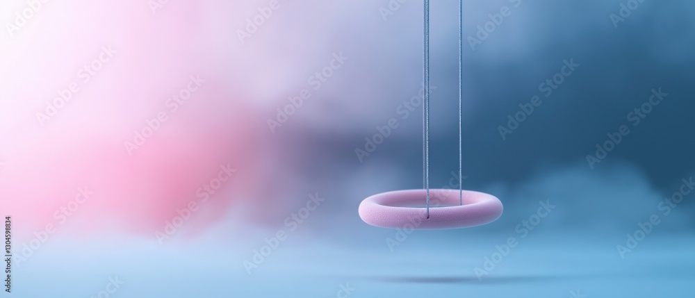 Poster digital illustration of a pink circular object hanging from strings. the object appears to be made o