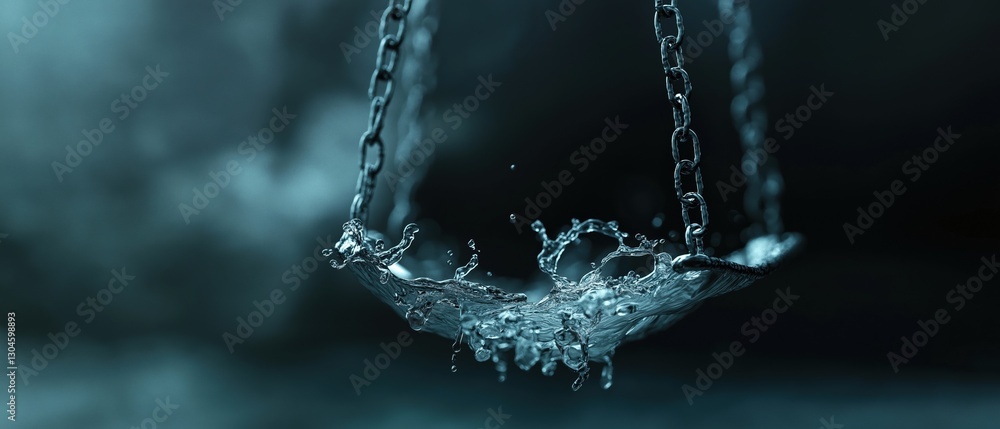 Poster close-up of a single drop of water suspended from a chain. the water droplet is in the center of the