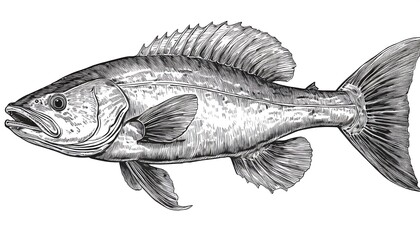 Classic cod fish sketch in vintage engraving style, highly detailed scales and fins. Isolated on white background. AI Generative