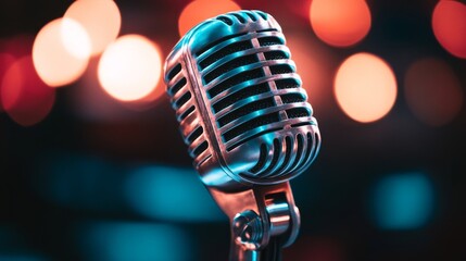 A retro microphone with a knurled handle, positioned in front of a blurry backdrop of glistening lights, encapsulating the enchantment of an open mic and comedy night