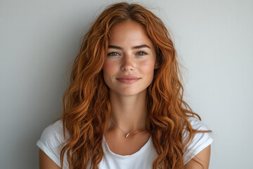 Smiling Redhead Woman Portrait on Gray Background with Copy Space