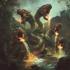 Hydra Guardian of the Enchanted Stream Fantasy Art Creature with Multiple Heads and Fire Power