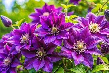 June Blooms: Panoramic View of Deep Purple Double Clematis Flowers