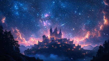 Fototapeta premium Ancient castle on a hill under a starry night sky with clouds and celestial atmosphere