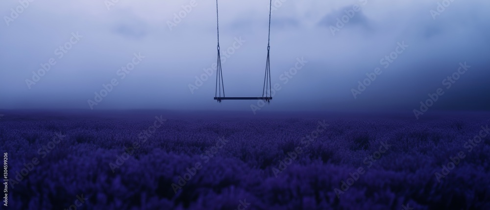 Poster swing hanging from two strings in the middle of a vast field of purple flowers. the sky is a deep bl