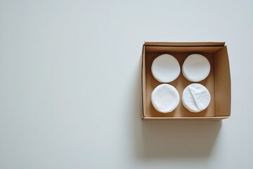 Obraz premium Four White Circular Items in Cardboard Box, Minimalist Product Packaging Mockup