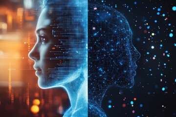 Digital connection between human and artificial intelligence captured in a futuristic split face design. Generative AI