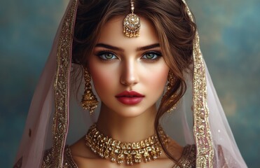 A woman with a red and blue head scarf and gold jewelry, featuring brown hair and eyes