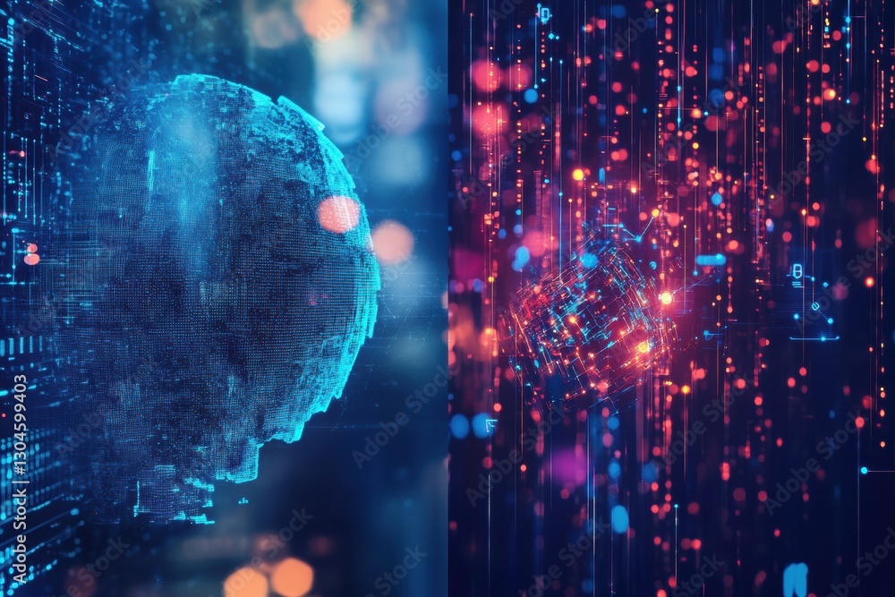 Poster digital representation of a human brain with glowing data particles in a futuristic environment show